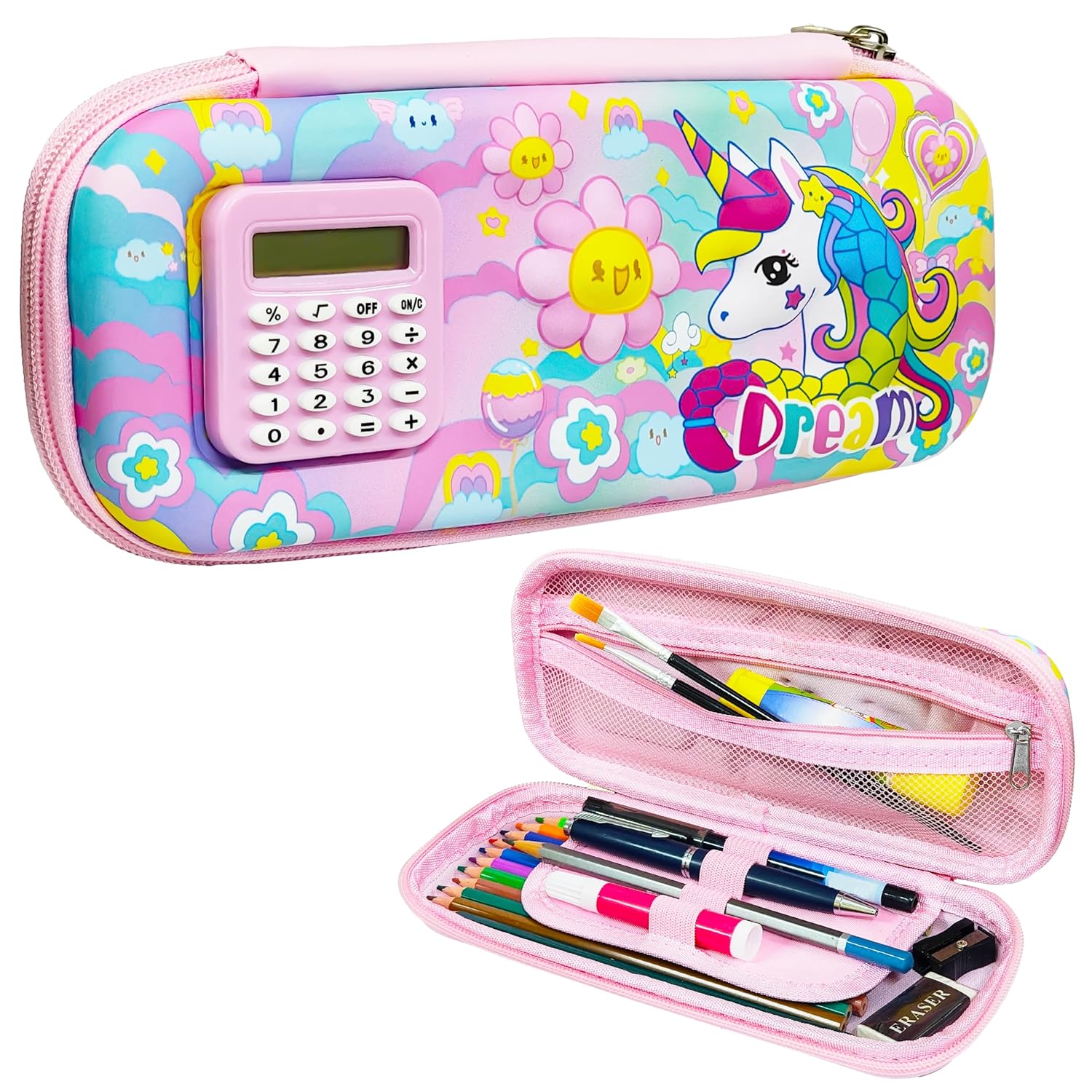 Stationery Pencil Pouch for Kids with Mini Calculator | Unicorn Theme Zipper Case
