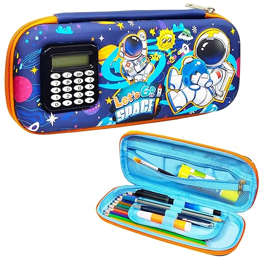 Stationery Pencil Pouch for Kids with Mini Calculator | Space Theme Zipper Case with Multi Storage Compartments - School Supplies Organizer - Multicolor