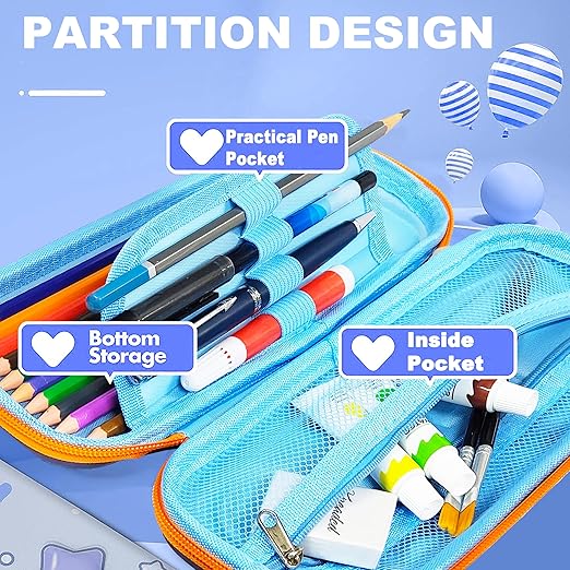 Stationery Pencil Pouch for Kids with Mini Calculator | Space Theme Zipper Case with Multi Storage Compartments - School Supplies Organizer - Multicolor