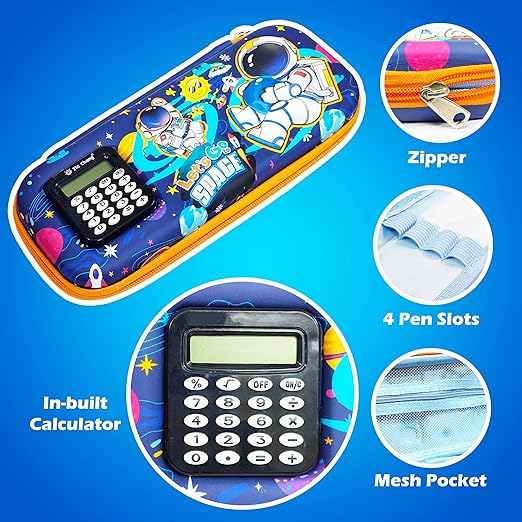 Stationery Pencil Pouch for Kids with Mini Calculator | Space Theme Zipper Case with Multi Storage Compartments - School Supplies Organizer - Multicolor