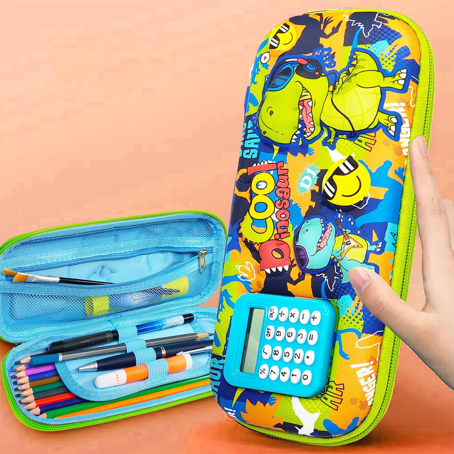 Stationery Pencil Pouch for Kids with Mini Calculator | Dinosaur Theme Zipper Case
