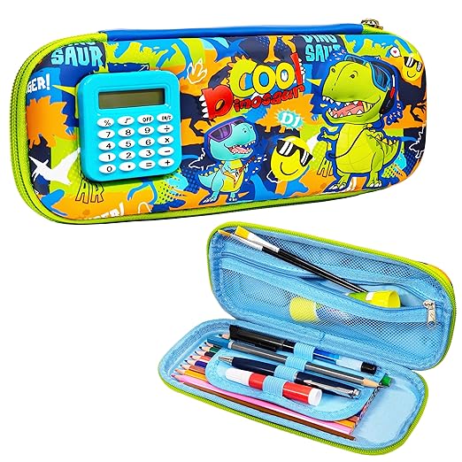 Stationery Pencil Pouch for Kids with Mini Calculator | Dinosaur Theme Zipper Case
