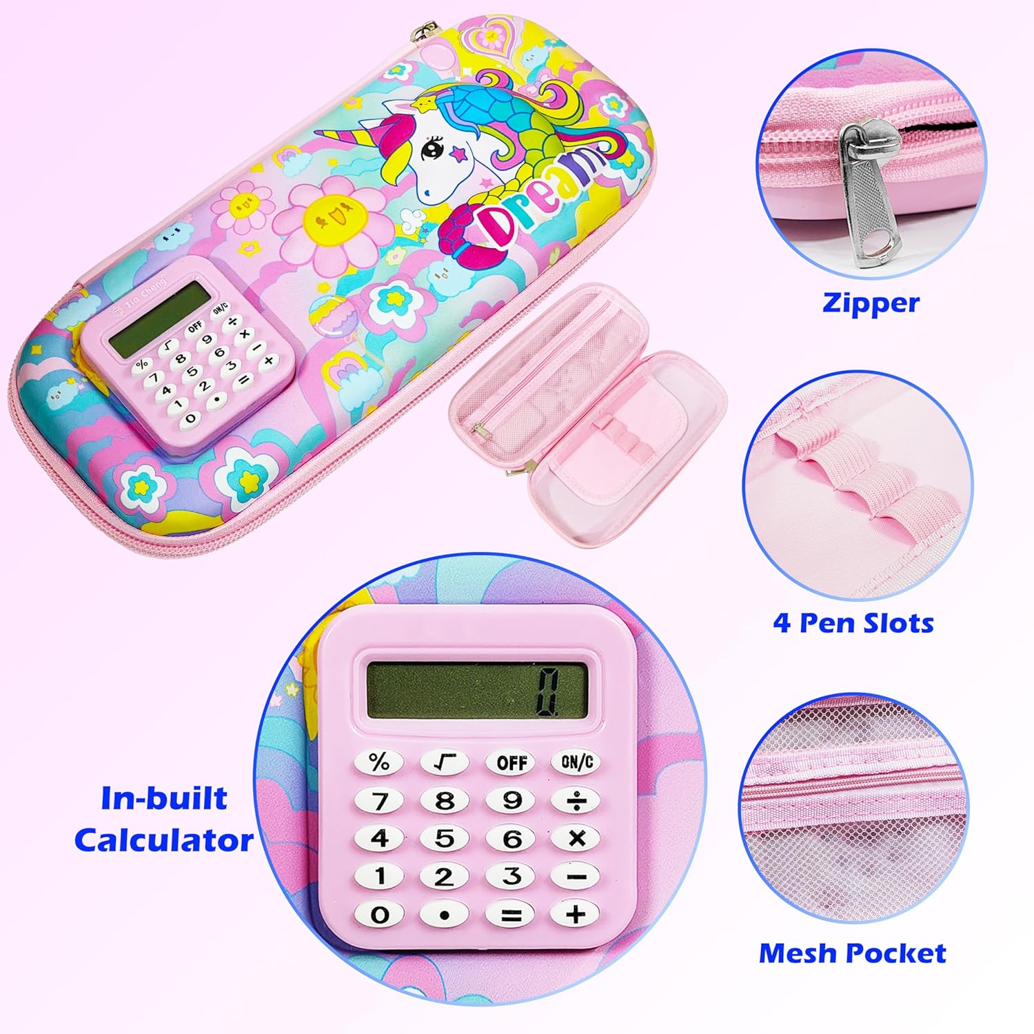 Stationery Pencil Pouch for Kids with Mini Calculator | Unicorn Theme Zipper Case