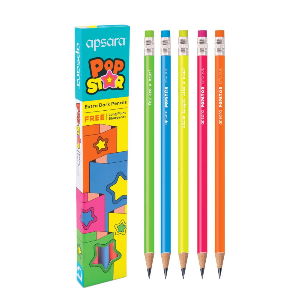 Apsara Popstar Pencils | Round Shape Body for Strong Grip | Pack of 10 pencils